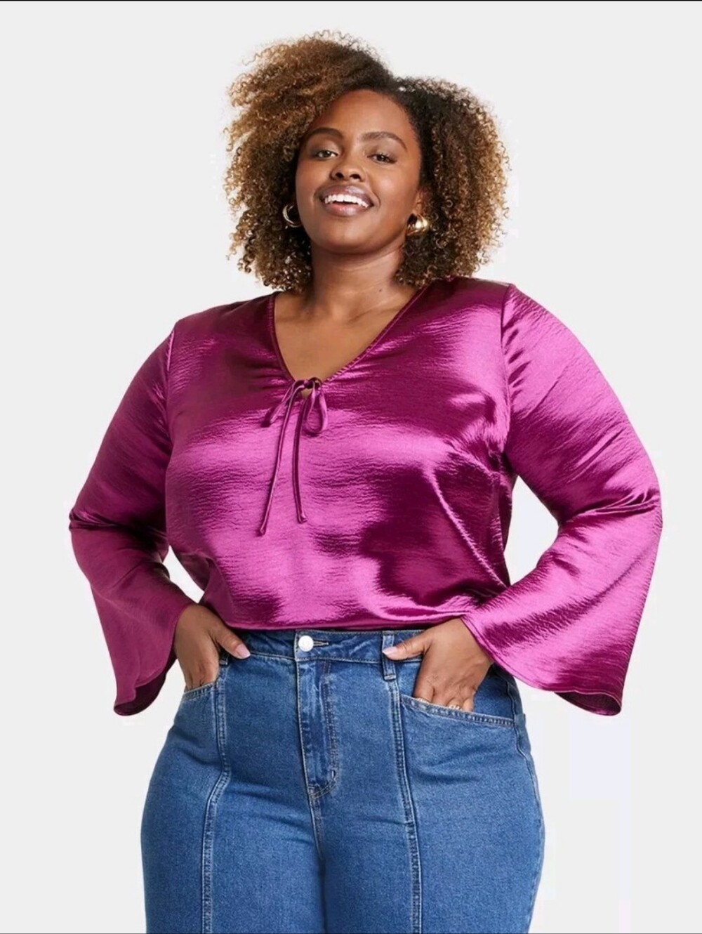 NWT Ava & Viv Long Sleeve Satin Purple Blouse